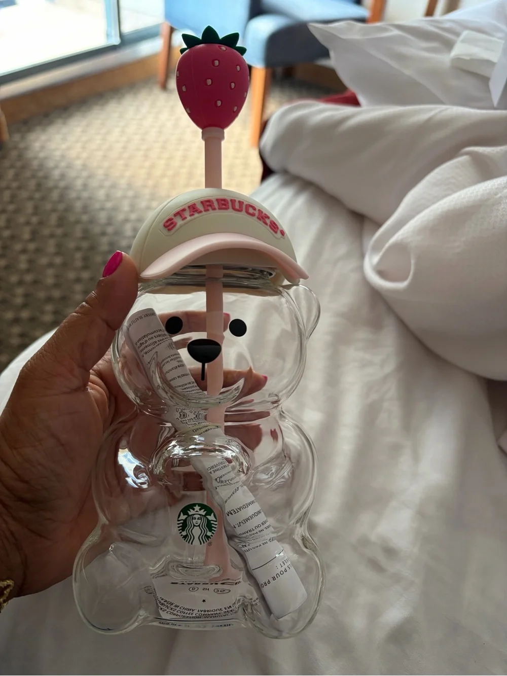 Starbucks Clear Bear Tumbler with Pink Strawberry Topper